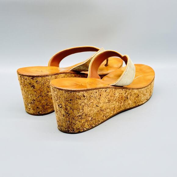 K Jacques St Tropez Sandals Womens 8 Gold Leather Wedge Platform Cork Thong Shoe - Picture 8 of 12